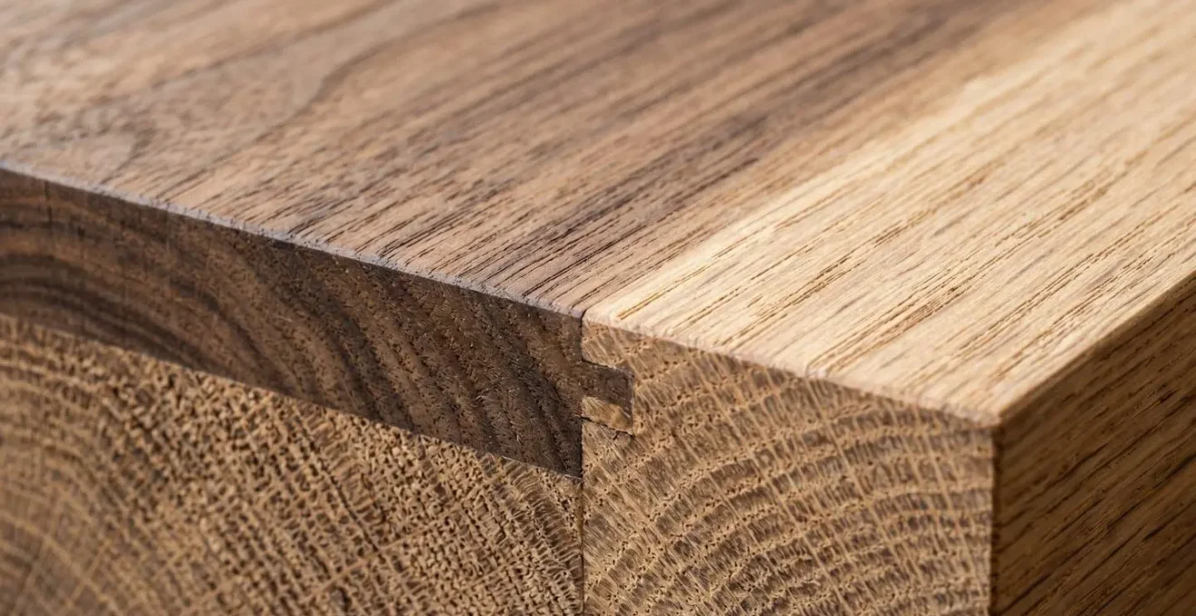 Extreme close-up macro photograph of natural wood grain texture showing organic patterns and honest craftsmanship detail in warm natural light