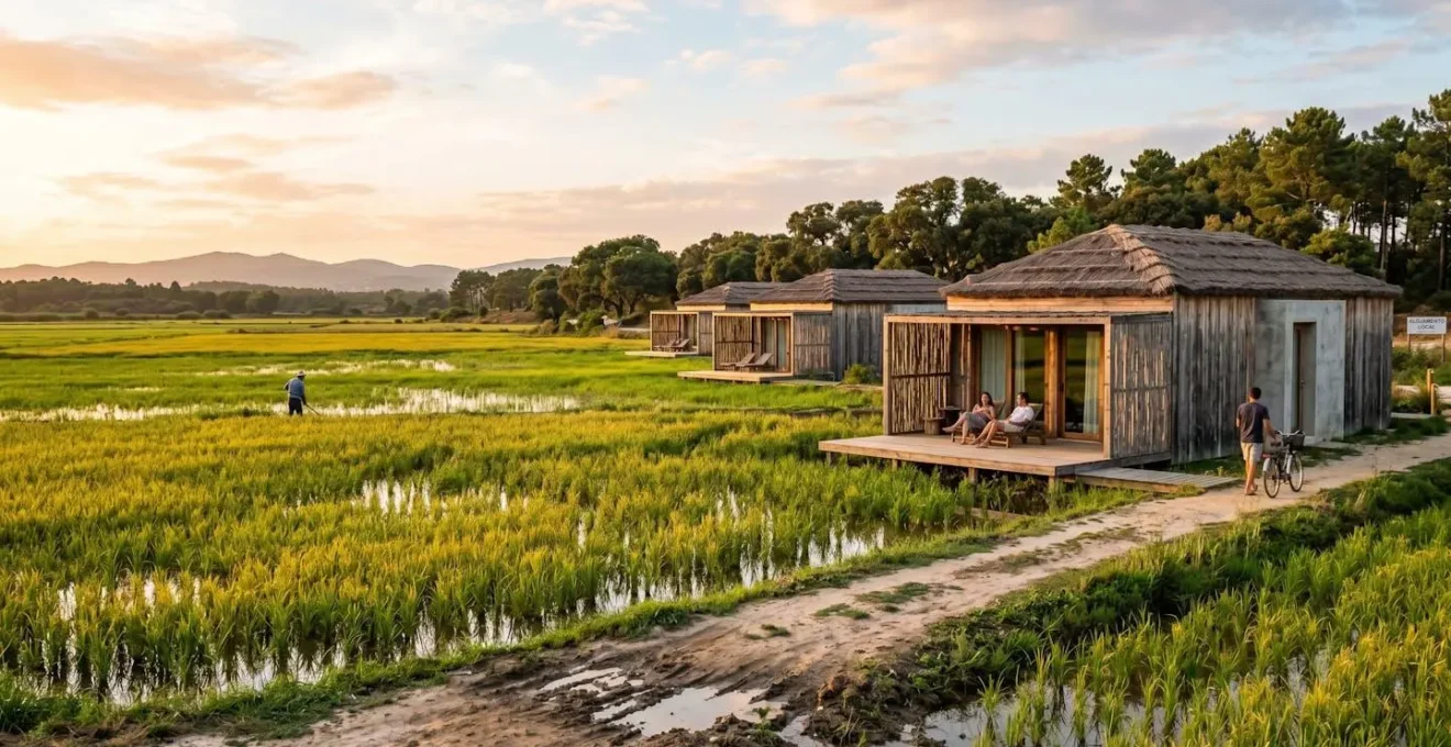 Wide angle view of traditional-style cabanas with natural materials set against expansive green rice field landscape under bright daylight in rural Portuguese countryside