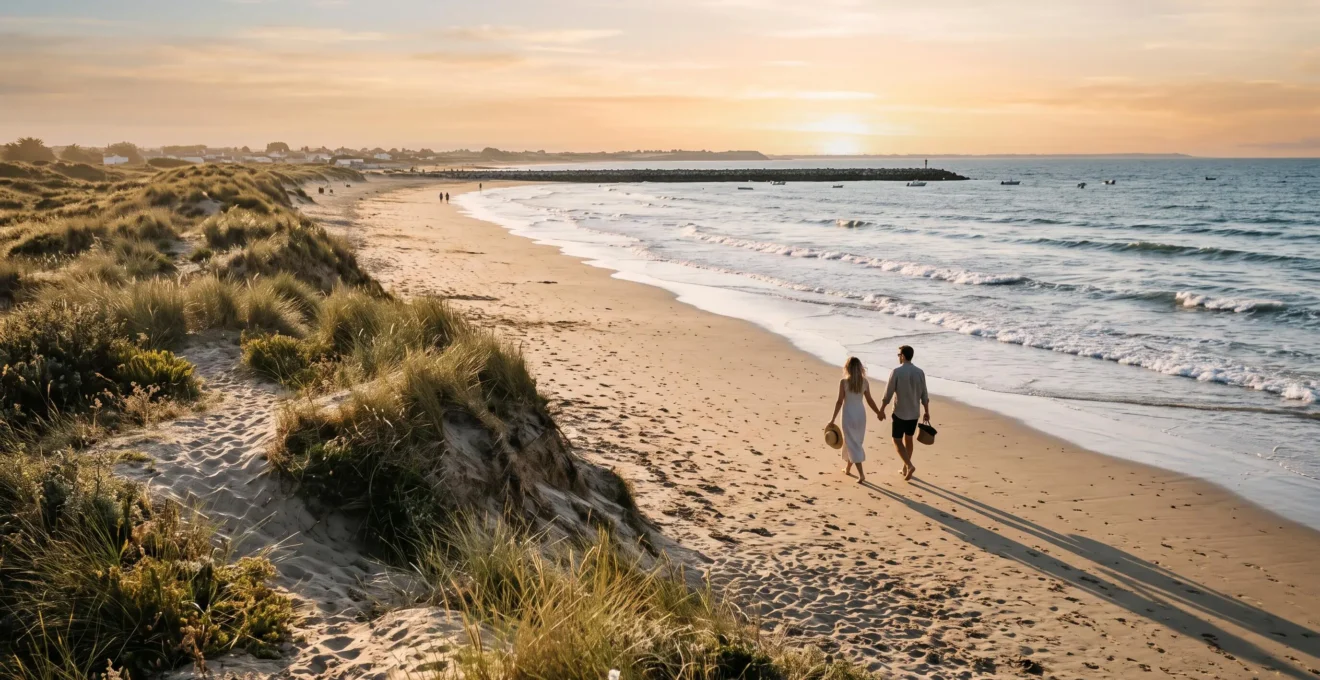 A couple walks along a sandy beach at golden hour near dunes.