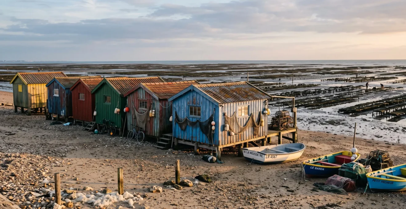 Painted fishing huts and small boats on the sand at low tide.