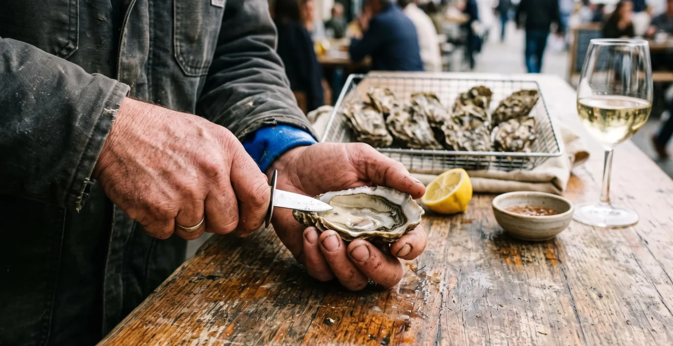 An oyster farmer opens a fresh oyster on a rustic wooden table.