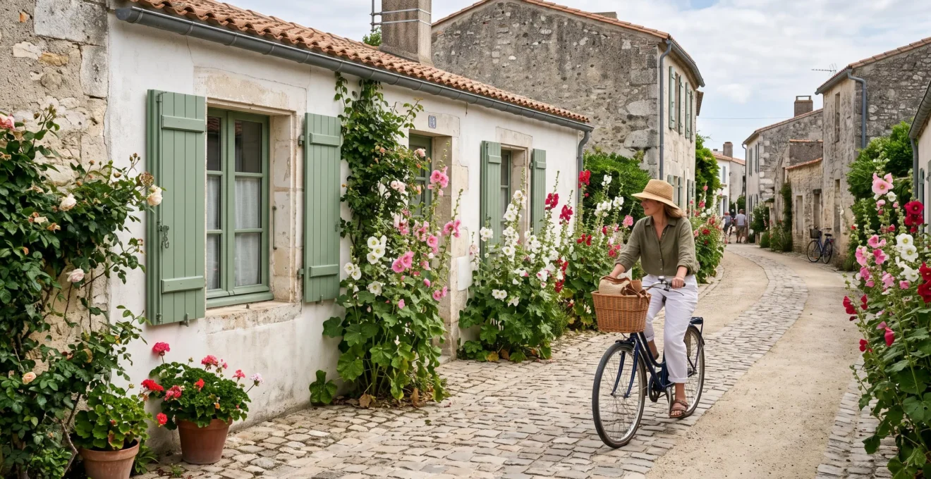 A woman cycles past a whitewashed cottage with green shutters on a quiet lane.